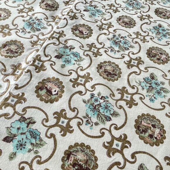 Vintage 60s curtain, pleated or rod pocket, gold teal medallion floral panels - Picture 3 of 6